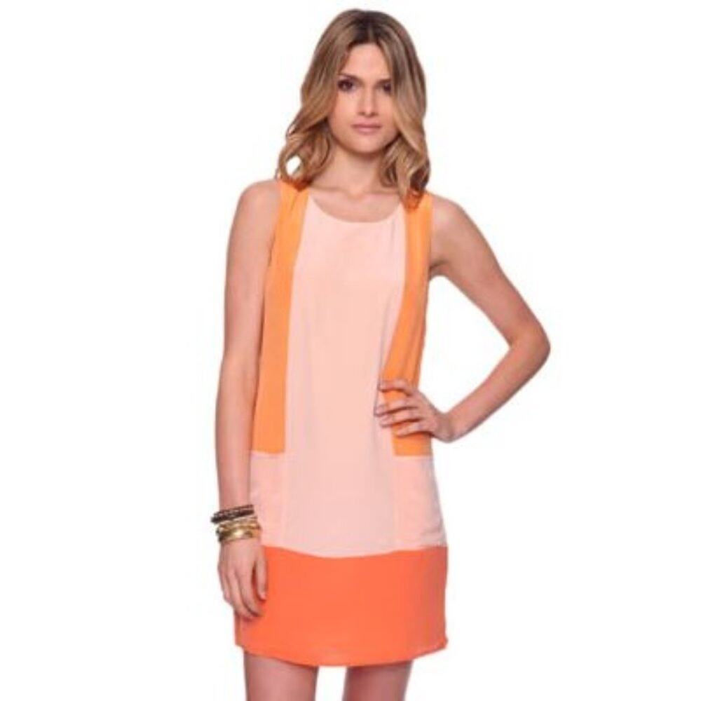 Forever 21 Love 21 100% Silk Coral Orange Colorblock Shift Dress Womens M